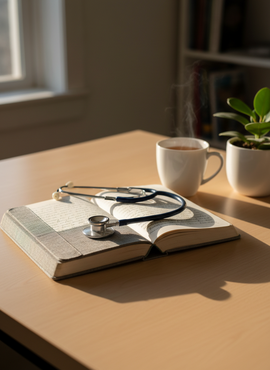 A well-worn hardcover journal with a linen-textured, soft gray cover lies open on a smooth, light wood desk, its cream pages filled with faint, handwritten reflections blurred just enough to be unreadable. A stethoscope with brushed steel and deep navy tubing rests gently across the pages, beside a ceramic mug of herbal tea and a small, leafy plant in a matte white pot. Late afternoon natural light filters through an unseen window, casting calm, elongated shadows and a warm, reflective glow on the tabletop. Photographed at eye level with a shallow depth of field, the foreground details are crisp while the background fades into a gentle bokeh, creating a serene, contemplative mood that evokes professional reflection, healing, and personal growth in a realistic, clean, photographic style.