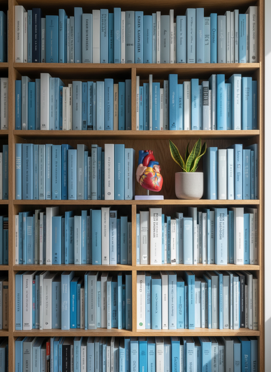 A carefully organized nursing education bookshelf, filled with neatly aligned binders and textbooks in cool blues, soft grays, and white tones, each spine subtly textured but with unreadable titles. On one shelf, an anatomically detailed heart model and a small, potted snake plant in a matte ceramic pot add visual interest and an organic touch. Natural daylight from the right side grazes the shelves, creating delicate highlights on glossy book covers and deeper shadows in the recesses. Captured straight-on with sharp focus throughout, the composition is balanced and structured, emphasizing clarity and professionalism. The photographic style feels modern and orderly, symbolizing evidence-based practice, thoughtful teaching, and the balance between science and healing, while maintaining a calm, reflective atmosphere without depicting any people.