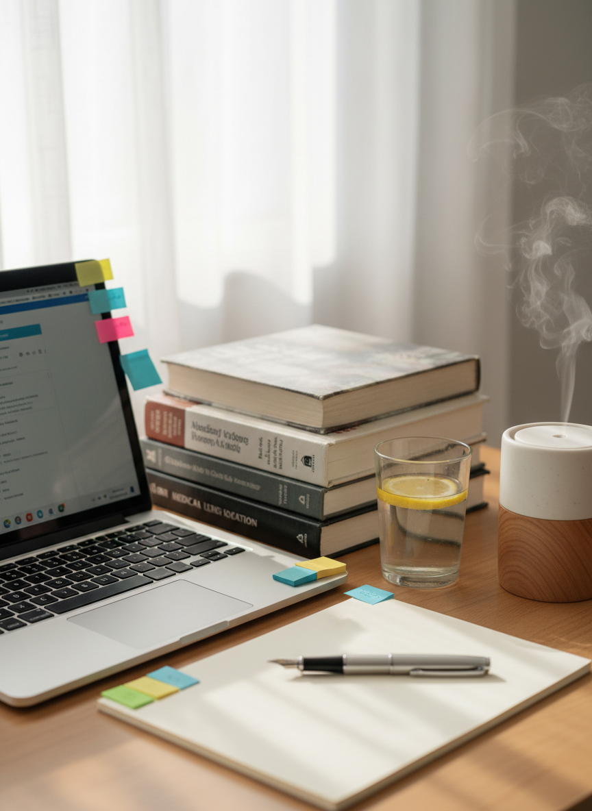 A tidy nursing education workspace featuring an open laptop displaying a softly blurred interface, surrounded by a neatly stacked pile of medical textbooks with worn spines, color-coded sticky notes, and a sleek silver pen resting on a blank notepad. A glass of water with a slice of lemon and a small diffuser emitting a faint mist sit nearby, suggesting wellness and balance. Soft morning light streams in from the left, diffused through sheer curtains, creating gentle highlights on the laptop keyboard and subtle shadows across the table. Captured from a slightly elevated angle with rule-of-thirds composition, the scene feels calm, professional, and focused. The photographic realism emphasizes clarity and order, symbolizing thoughtful, compassionate approaches to nursing education and lifelong learning without any human presence.