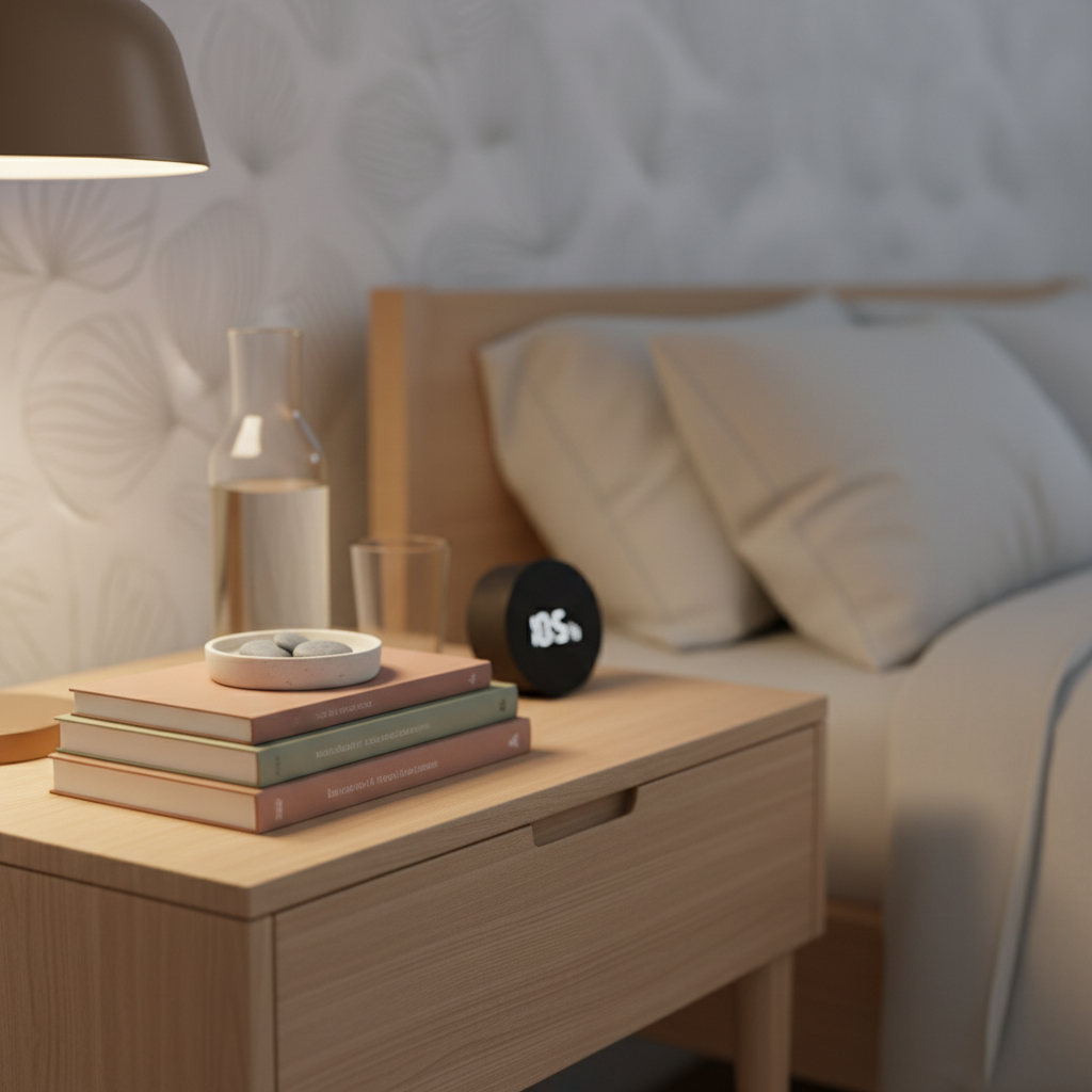 A minimalist bedroom nightstand featuring a small stack of wellness and recovery books with muted, earth-tone covers, a glass carafe of water with a simple tumbler, and a ceramic dish holding a few smooth river stones. A digital alarm clock with an unreadable, softly glowing display adds a subtle modern touch. Soft, diffused evening light from a shaded lamp creates a warm pool of illumination on the nightstand, leaving the rest of the room in gentle shadow. Captured in close-up from a slight side angle, the composition uses shallow depth of field so that the front edges of the books and stones are sharply detailed while the background dissolves into softness. The atmosphere is serene and reassuring, conveying themes of rest, healing, and recovery in a clean, professional, photographic style.