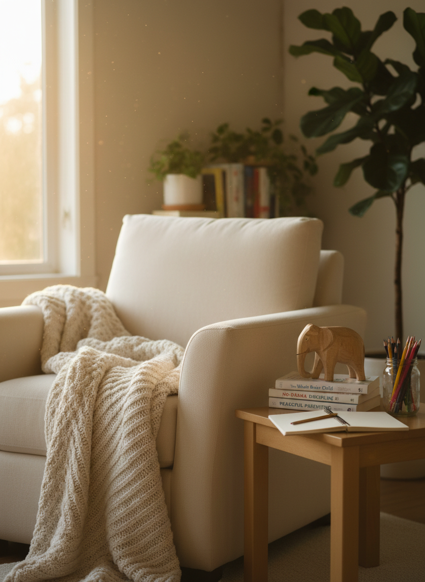 A cozy, sunlit corner of a living room with a plush, neutral-toned armchair draped with a soft knitted blanket and a small stack of parenting and child-development books on the adjoining wooden side table. A simple wooden toy, like a carefully carved animal, rests beside a glass jar of colored pencils and an open, blank notebook, suggesting gentle, intentional parenting without corporal punishment. Warm golden-hour light pours through an unseen window, illuminating dust motes in the air and casting gentle, comforting shadows. Photographed at a slightly wide angle, eye-level composition, the foreground chair is in crisp focus while the background bookshelves and plants softly blur. The mood is peaceful, nurturing, and reflective, rendered in clean, natural photographic realism that emphasizes calm and connection.