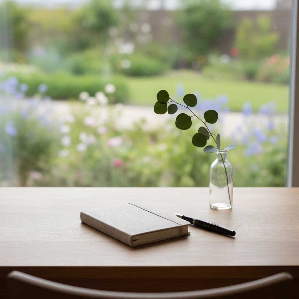 A tranquil writing space oriented toward reflection on peace and healing: a simple wooden desk facing a large, unseen window, with only a closed notebook, a fountain pen, and a single stem of greenery in a clear glass bottle placed neatly on the surface. Beyond the desk, a blurred view of a quiet garden with soft greenery and hints of flowers is visible through the glass. Overcast daylight creates even, diffused illumination with almost no harsh shadows, producing a soft, contemplative glow across the desk. Photographed from behind the desk at eye level, with the notebook centered and the garden softly out of focus, the composition suggests inward-looking thought and gentle introspection. The photographic realism is clean and uncluttered, evoking calm, nonjudgmental reflection and inner recovery.