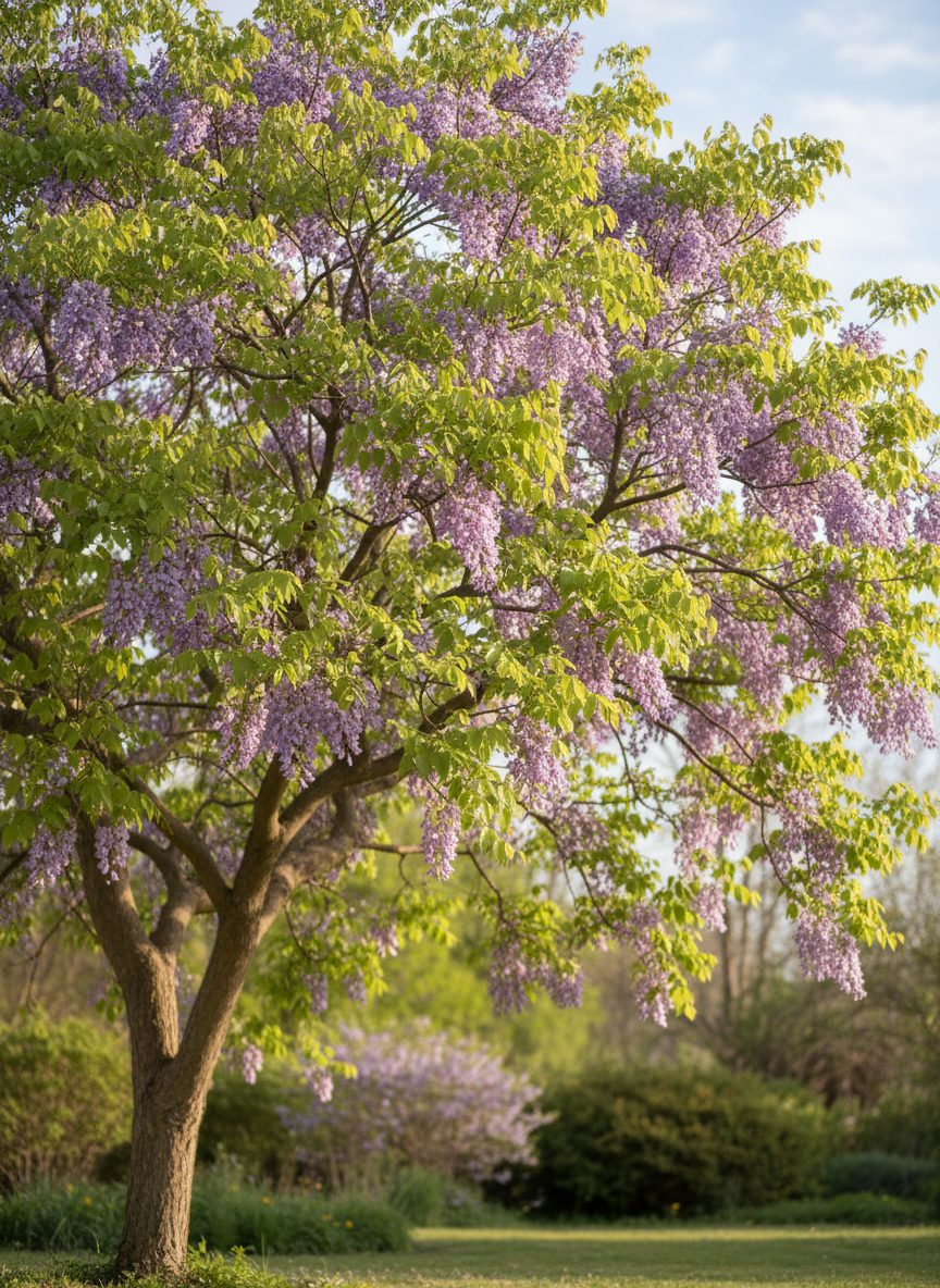 A blooming tree with soft green leaves and delicate purple lavender flowers in natural light